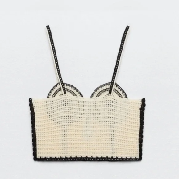 NWT BLOG FAVE Zara Crochet Cream Black Corset Crop Top Festival Coachella size S - Picture 7 of 16